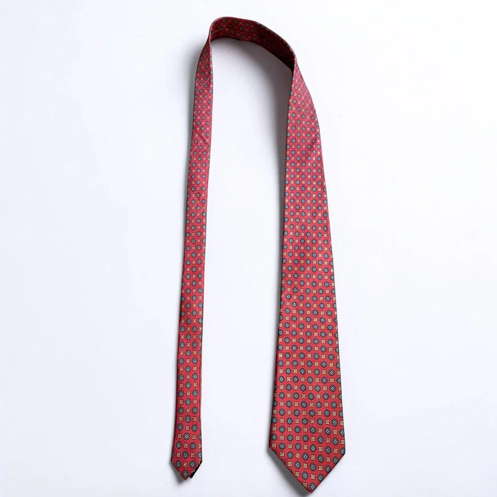 Claybrooke Mens Silk Necktie Red Teal Gold Medallion Geometric‎ Hand Made Tie